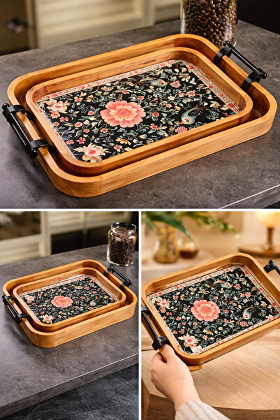 COCEM Patterned Wooden Tray Set of 2 Decorative Presentation Tray Breakfast S...