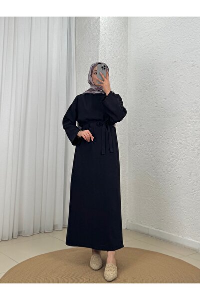 BENAHOLL Armira Düz Kesim Kuşaklı Elbise-EK656 Siyah