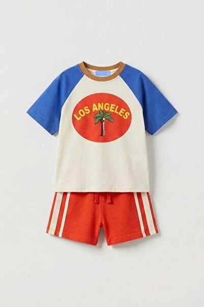 Magu Unisex Παιδικό Βαμβακερό Εκρού Σαξ Μπλε Σετ Σορτς με Στάμπα Λος Άντζελες