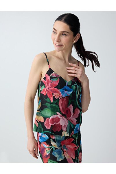 Jimmy Key Μαύρη λινή μπλούζα με λουλουδάτο σχέδιο και λαιμόκοψη V