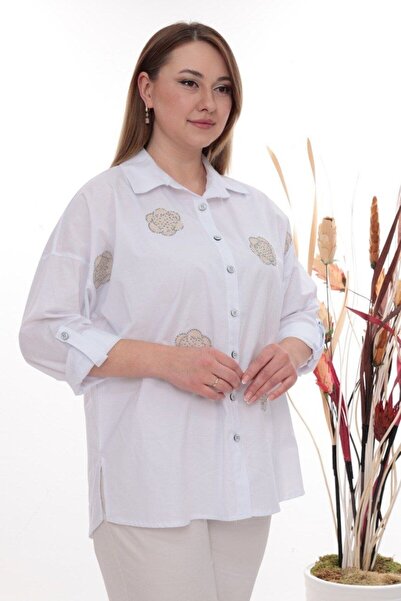 JERFİ Women's Plus Size Rose Stone Printed Poplin Fabric Shirt