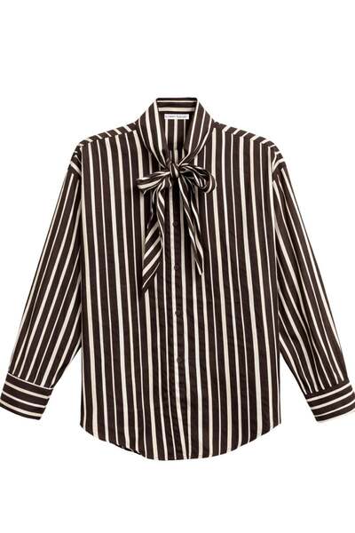 Mixray 4857 Дамска раирана риза с яка тип шал и връзка, кафява