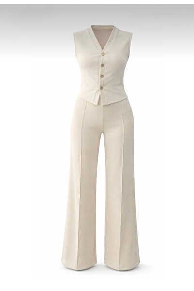 Zafirae Modal Gold Buttoned Vest Piece Suit and Trousers Set