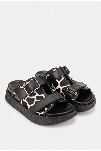 Dasha Sandale dama tip papuc NUR din piele neagra cu model animal print