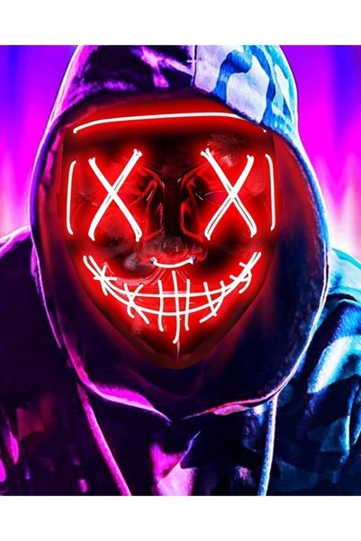 ORVİCA Hallowen Led Işıklı Neon Maske 3 Modlu Parti Eğlence Maskesi Korku Kırmızı Led Neon Maskesi