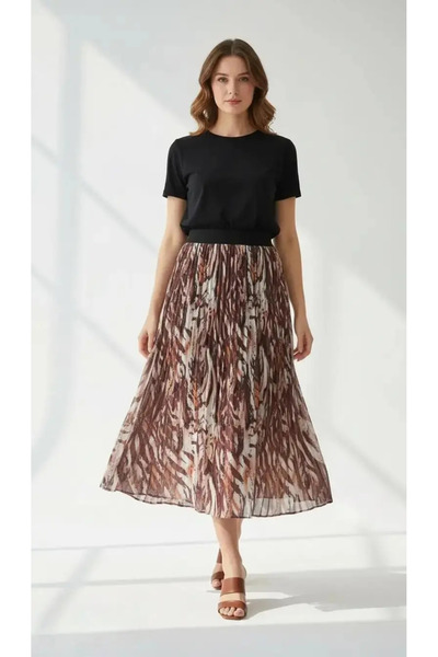 Sierra otantik Women's Brown Abstract Patterned Pleated Chiffon Long Skirt - ...