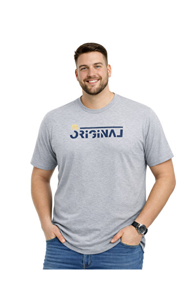 BattalModa Men's Large Size Melange Gray Crew Neck Short Sleeve Original T-Sh...