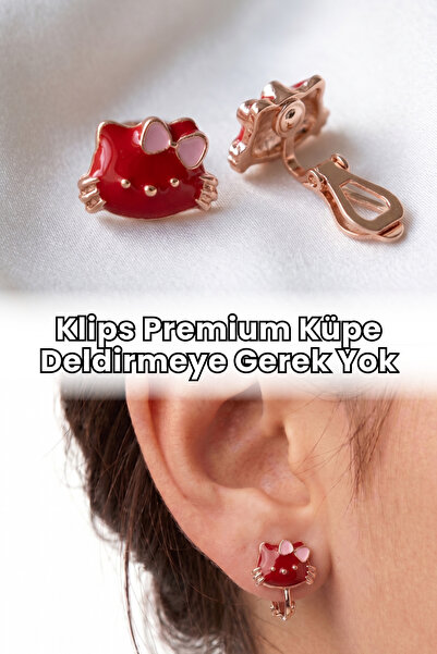 Elifsu Jewelry Premium Klips Küpe Bakır Renk Hello Kitty Kulak Deliği Gerekmez