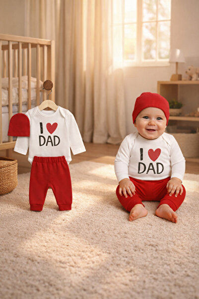 Akcan 👶 I Love Dad Baskılı 3 Parça Bebek Takım – Kırmızı Şapkalı Pamuklu Bod...