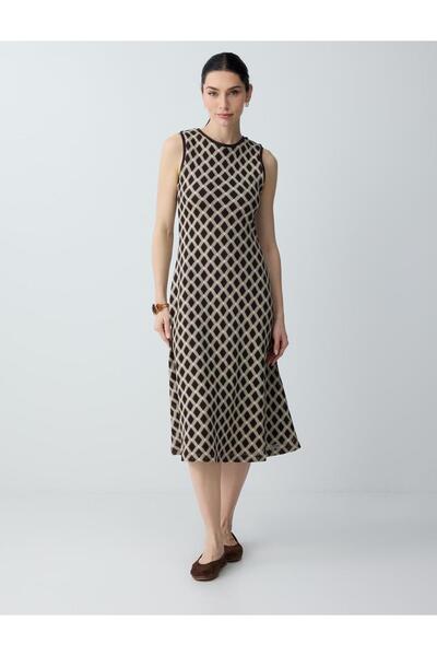 Jimmy Key Acı Kahve 100% βαμβακερό φόρεμα μίντι με σχέδιο μπακλαβά και στρογγ...