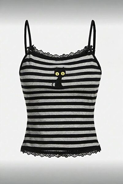 Karakedi Μαύρο-γκρι ριγέ κορμάκι με δαντελένιο γιακά και τιράντες σε σχέδιο γ...