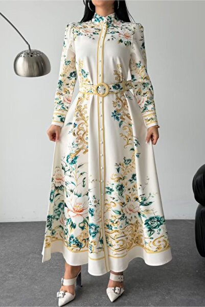 OEM Elegant ivory long dress with Printed , decorative buttons and drawstring...