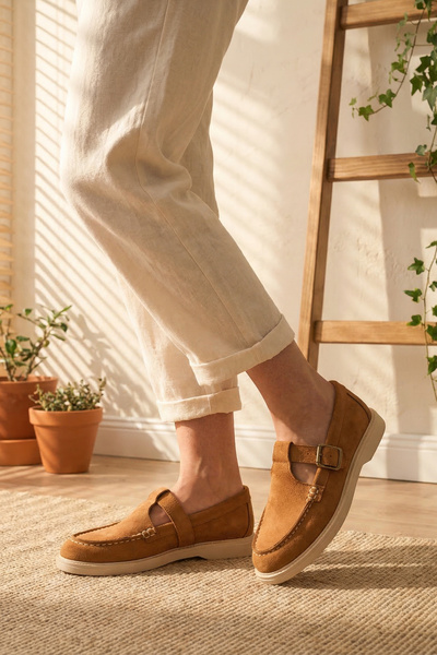 Moda Değirmeni Γυναικεία Loafer Παπούτσια από Καστανό Σουέντ με Ζώνη MD1202-1...