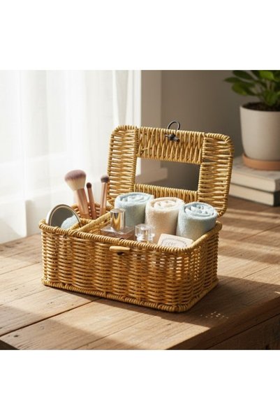 BONOVE Hasır Görünümlü Rattan Organizer Sepet Kapaklı Bölmeli Peçetelikli Masaüstü Düzenleyici