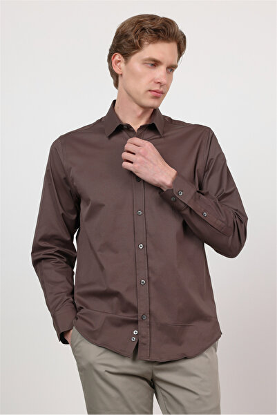 İmza Καφέ πουκάμισο με σκληρό γιακά, μακρύ μανίκι, χωρίς τσέπες, στενή εφαρμο...