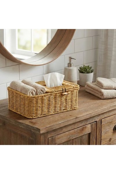 BONOVE Hasır Görünümlü Rattan Organizer Sepet Kapaklı Bölmeli Peçetelikli Masaüstü Düzenleyici