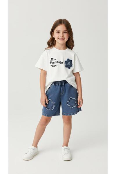 NURTOPU Κοριτσίστικο σετ τζιν σορτς και μπλούζα, υφασμάτινο μπλουζάκι με πλήρ...