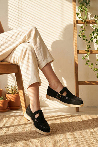 BAKGİY Μαύρα σουέτ γυναικεία παπούτσια loafer με ζώνη BG1202-113-0005