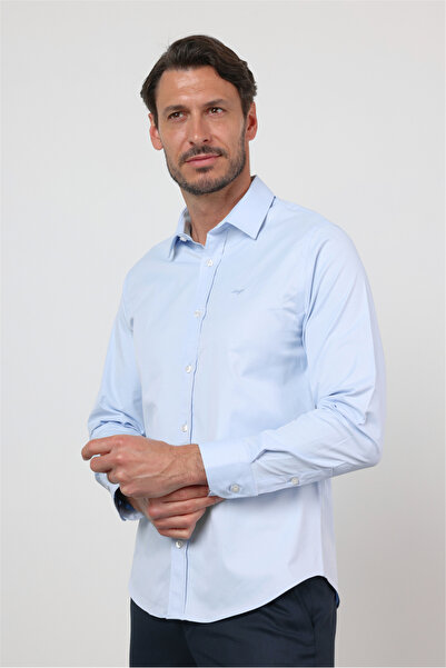 İmza Синя памучна риза с твърда яка, дълъг ръкав, без джобове, втален модел 1...