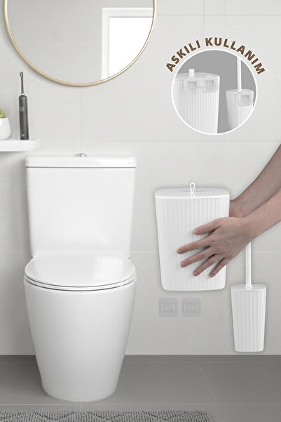 Saule Safir Yapışkanlı Wc Fırçalık ve Çöp Kovası Seti Beyaz 2'li Banyo Seti