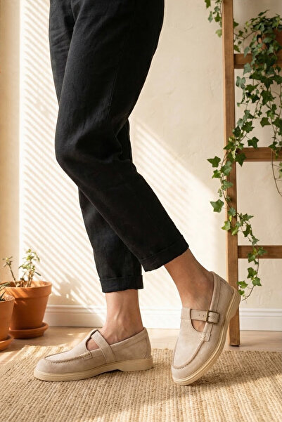 BAKGİY Μπεζ σουέντ γυναικεία παπούτσια loafer με ζώνη BG1202-113-0005