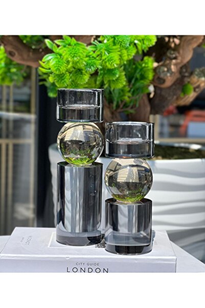 Laura Design Silindir 2 Li Kristal Antrasit-Şampanya Mumluk