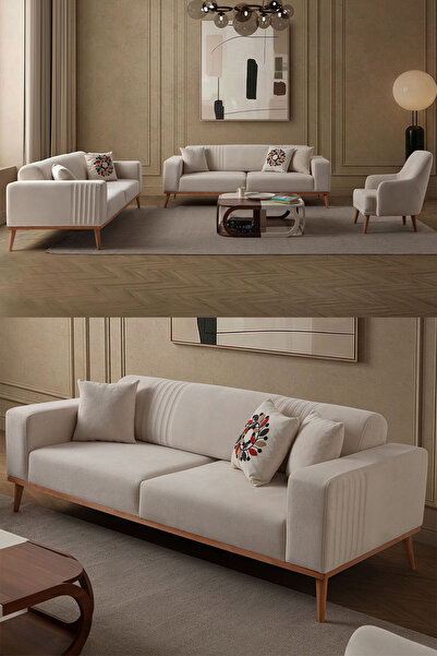 indes home Regnar 3+3+1+1 Koltuk Takımı Polar Kumaş Krem