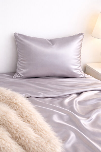 Cherry Bloom Cotton Γκρι σατέν μαξιλαροθήκη με φερμουάρ 50x70