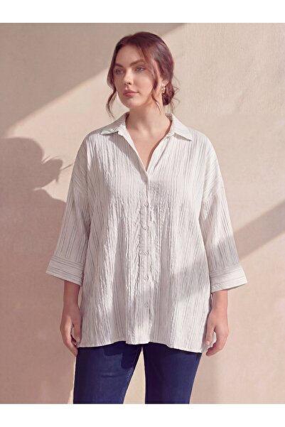 RMG Раирана вискозна риза голям размер екрю