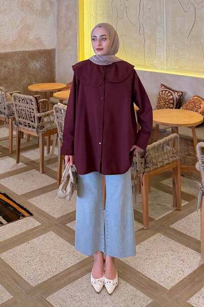 lamelif Βρεφικό πουκάμισο με δαντέλα και λεπτομέρειες σε μπορντό χρώμα