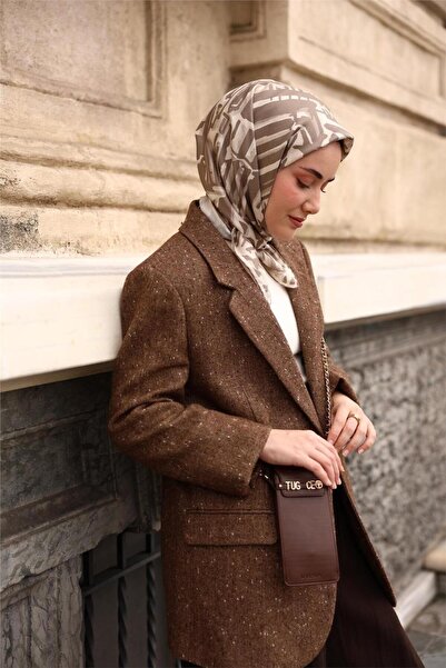 Silk Home Μεταξωτό μαντήλι τουίλ με μπεζ-γκρι σχέδιο και κομψό σχέδιο 90x90