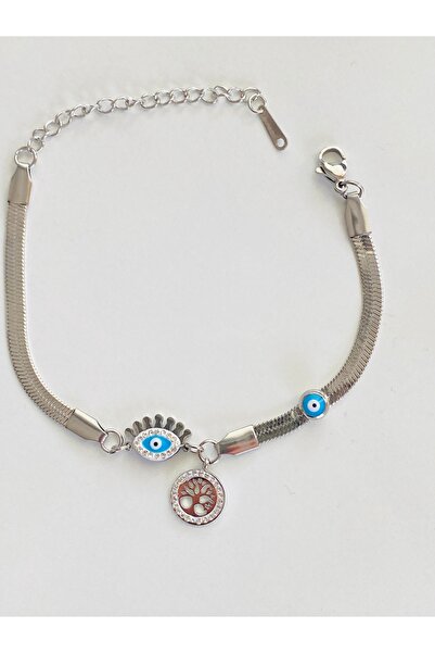Ustaeller Steel Bracelet Silver Color Blue Beads, Eye Figure and Life Tree Ch...