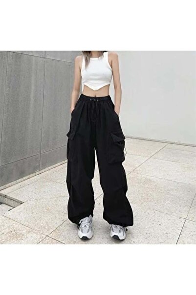 8line Black Elastic Waist Sweatpants with Cargo Pocket Detail