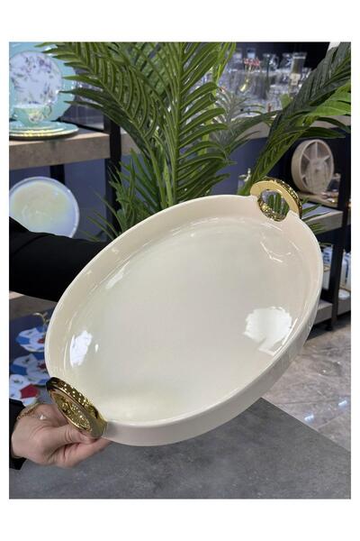 Doğudeko Archer Luxury Oval Silver Gold Presentation Plate with Handle