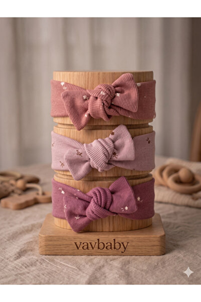 VaVbaby Kız Bebek 3’lü Ribana Fiyonklu Bandana Seti - Gül kurusu