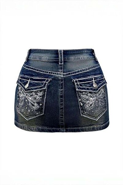 BALİNA Blue Butterfy Embroidered Y2K Denim Skirt