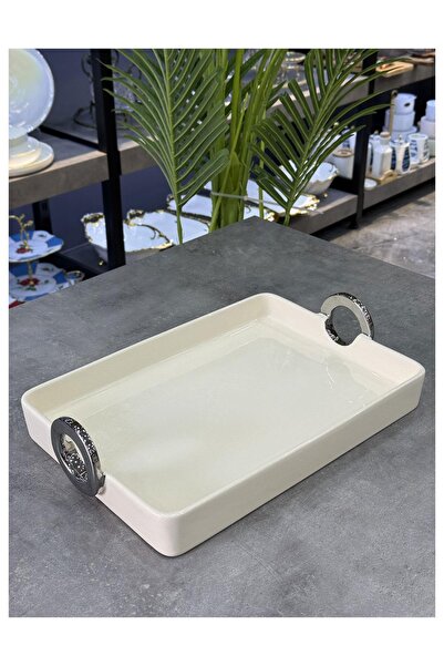 Doğudeko Archer Luxury Rectangular Silver Presentation Plate with Handle