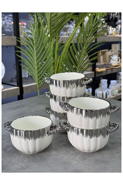 Doğudeko Luxury Porcelain Silver Bowl with 6 Handles