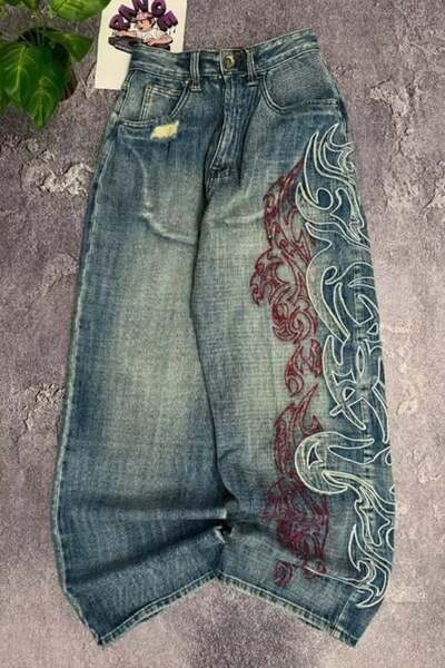 BALİNA Mavi Taşlamalı Vintage Tribal Baskılı Grunge Baggy Unisex Pantolon