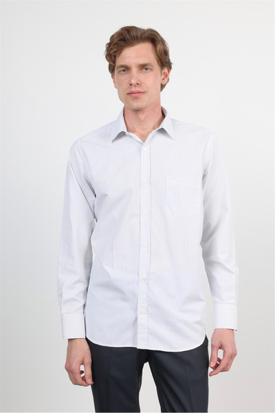 İmza White-Navy Blue Hard Collar Long Sleeve Pocketed Comfort Fit Cotton Shir...