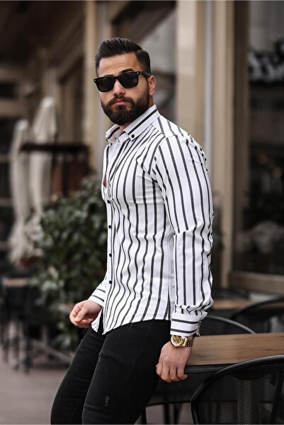 BAYIM Erkek Slim Fit Çizgili Gömlek Likralı Dar Kesim Şık Günlük Gömlek (Beya...