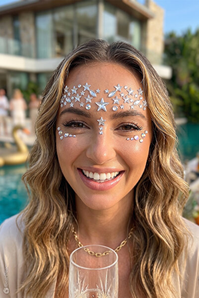 BearPear Işıltılı Gümüş Renk Yıldız Festival Yüz Taşı Seti Yıldızlı Face Gems