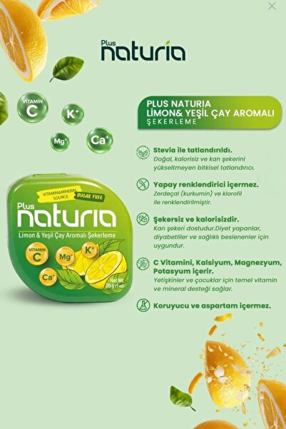 Naturia Limon & Yeşil Çay Aromalı Şeker İlavesiz Tatlandırıcılı Şekerleme 28 Gr