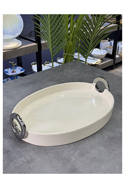 Doğudeko Archer Luxury Oval Silver Presentation Plate with Handle