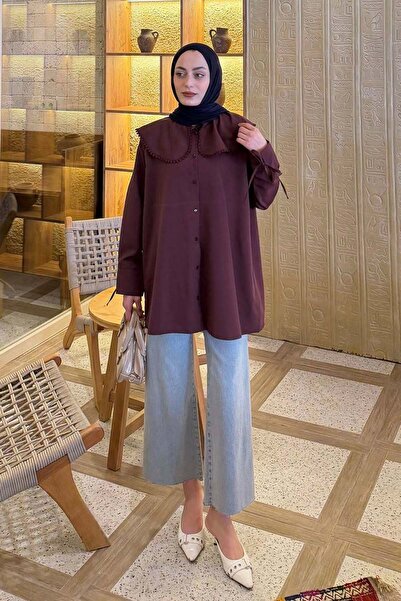 lamelif Βρεφικό πουκάμισο με δαντέλα και λεπτομέρειες σε χρώμα δαμασκηνί