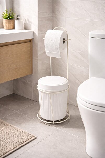 Saule Ayaklı WC Kağıtlığı Çöp Kovası Seti, Metal Askılı WC Kağıtlık Standı