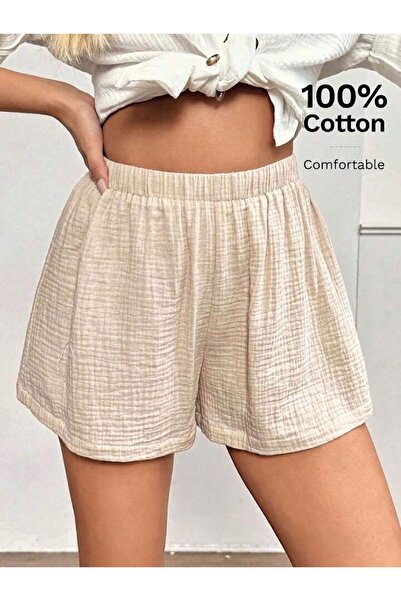 LOUİSA Women's Beige Woven Muslin Fabric Comfortable Fit Shorts