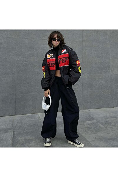 BALİNA Siyah F1 Ferrari Racing Retro Unisex Bomber Ceket