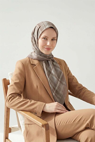 Silk Home Κασκόλ από βισκόζη βελόρα με καρό σχέδιο, λάτε, τετραεποχιακό, 90x90