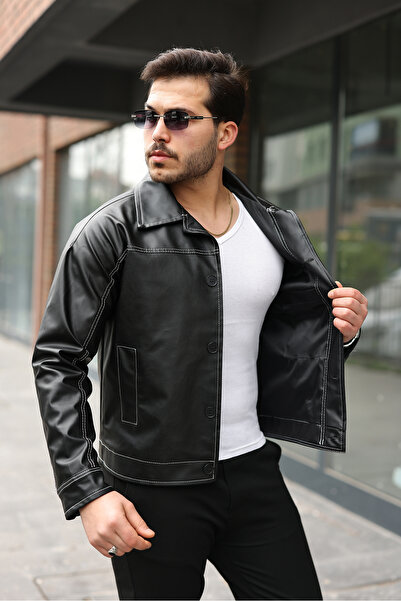 BASEL.CO Αθλητικό κομψό δερμάτινο μπουφάν με λεπτομέρεια ραφής